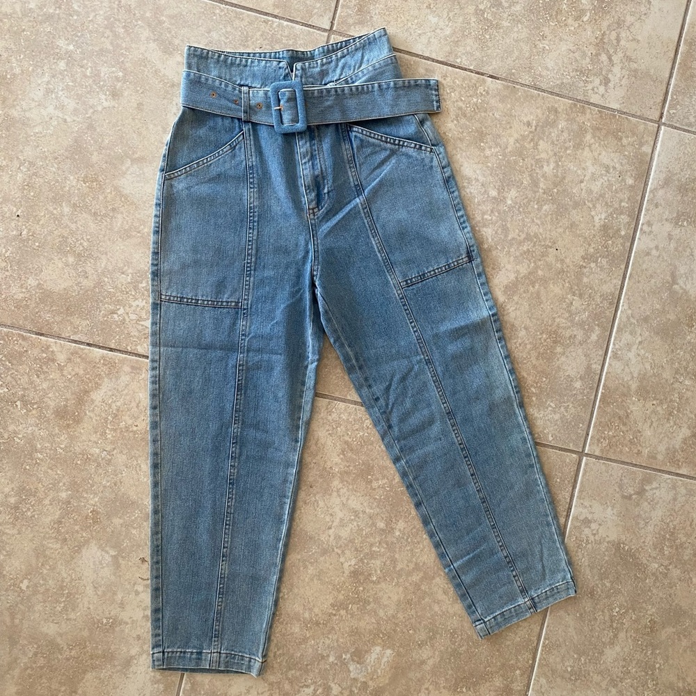 High Waisted Belted Light Blue Denim Jeans, Size Small fits size 1-3